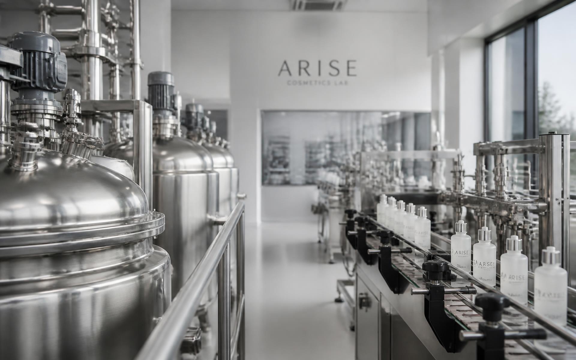 Cosmetics manufacturing facility with stainless steel vessels and a skincare filling line